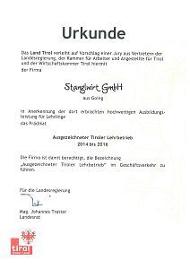 Outstanding Tyrolean training establishment certificate